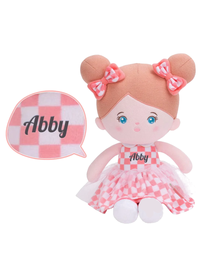 Abby knuffelpop blauwe ogen geruite jurk