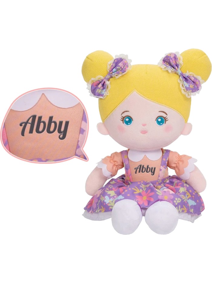 Abby knuffelpop blauwe ogen bloemetjes jurk