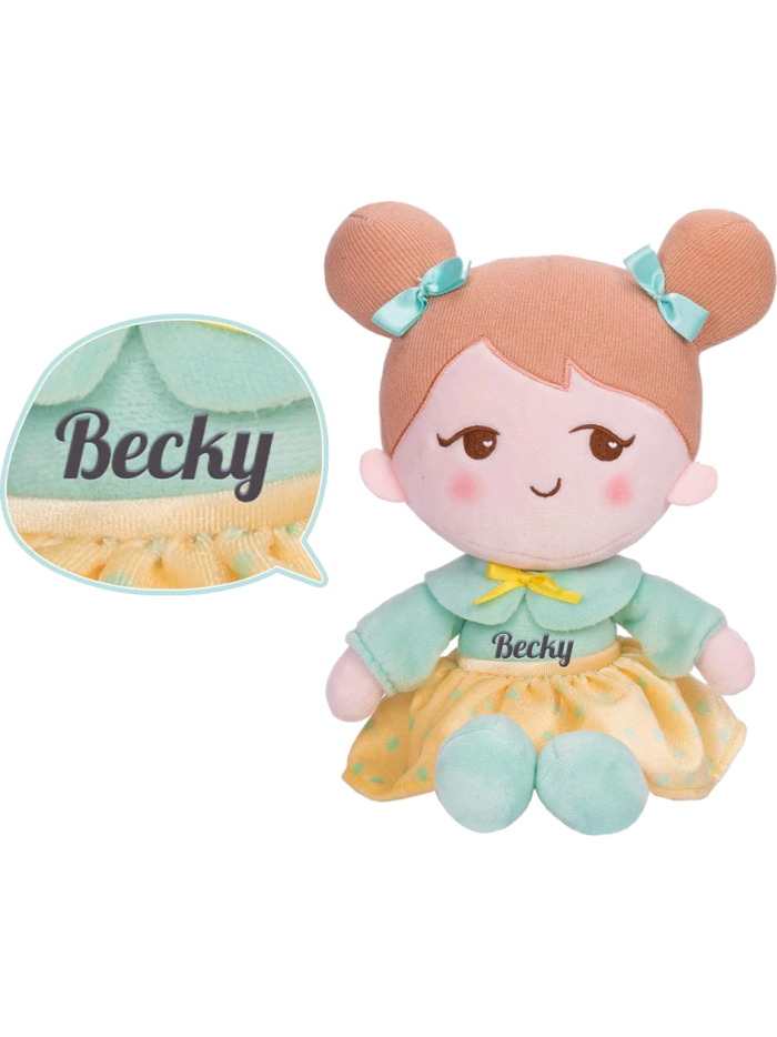 Becky cuddly doll with a green sweater and yellow dress